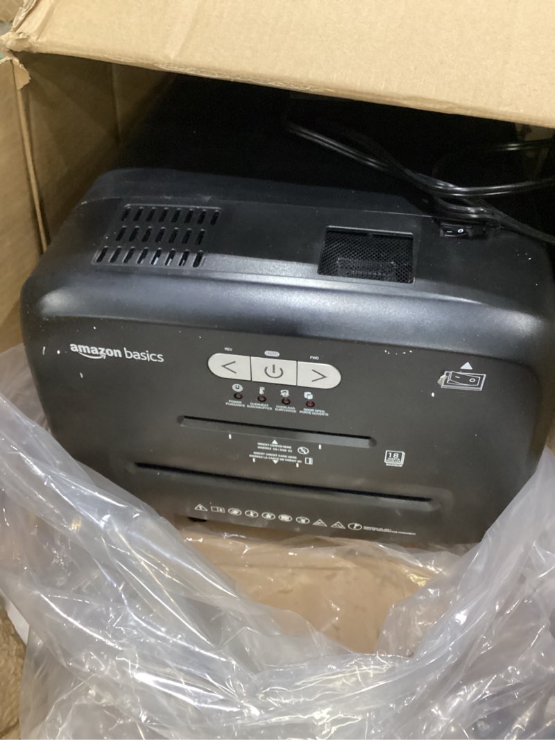 Condition photo showing New/Like New for Amazon Basics 18 Sheet Cross Cut Paper, CD, and Credit Card Shredder, Black 18 Sheet Black