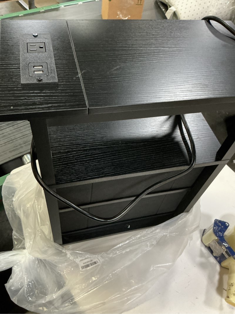 Condition photo showing Good Condition for Narrow Side Table for Small Spaces, Skinny End Table with Charging Station, Sofa Beside Table with 2 Fabric Drawers and 1 Open Compartment, Slim Nightstand with USB Ports Outlet, Black UTBT004B 1 Set Engineered Wood Legs Black