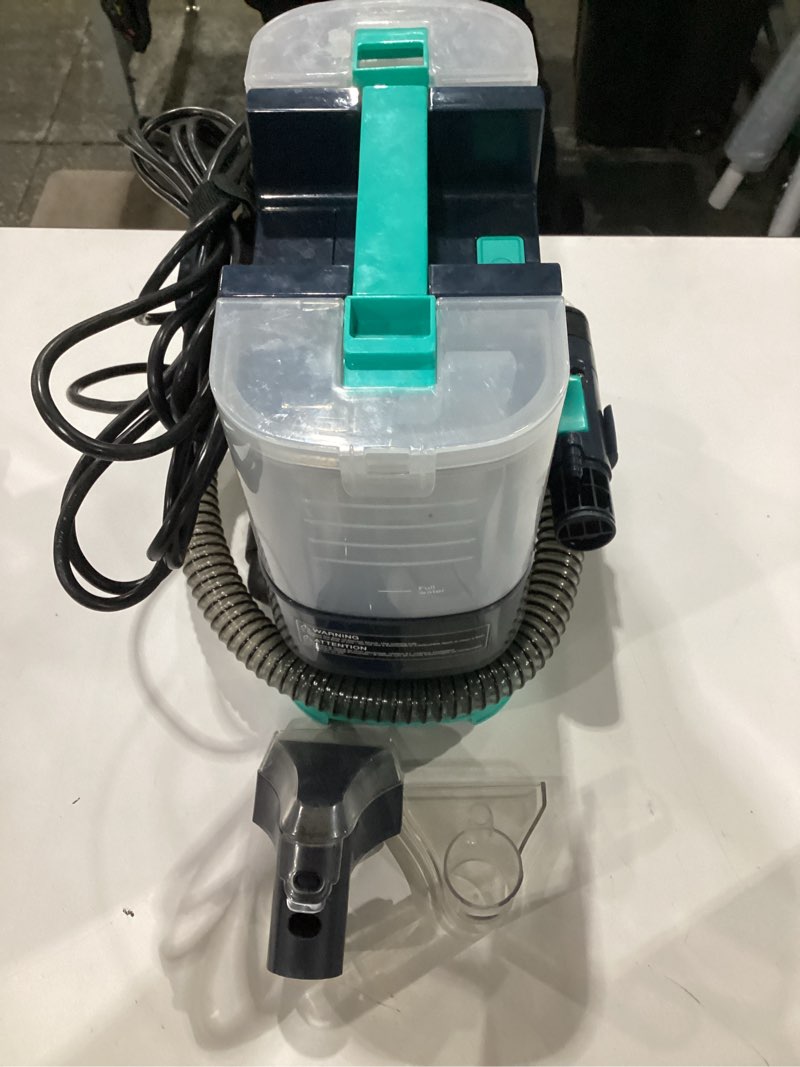 Condition photo showing As Is for **untested** iris usa carpet spot cleaner machine 110v with auto spray for low pile carpet, couch, sofa, upholstery, car detailing, shallow berber rug, lightweight portable chemical-free stain remover, 1000ml tank portable spot cleaner