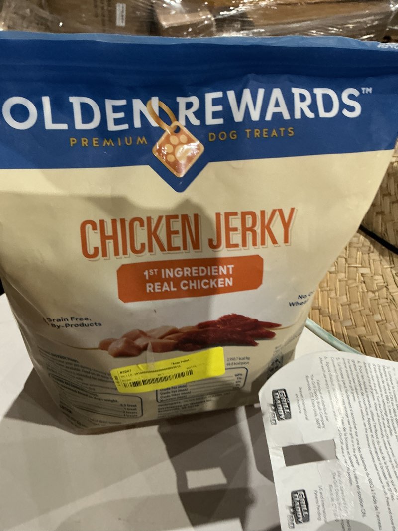 Condition photo showing As Is for golden rewards premium dog treats chicken jerky - 64 oz