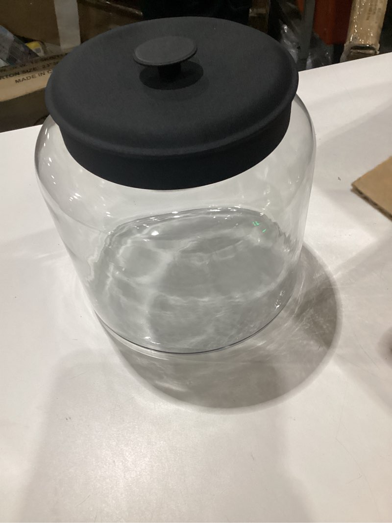 Condition photo showing Good Condition for anchor hocking montana 1.5 gallon glass jar with lid, black metal lid 192 ounces