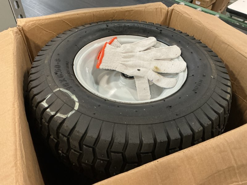 Condition photo showing As Is for 2-pack 16x6.50-8 riding mower front tire and wheel assembly | with 3/4" bearings | 4 ply pneumatic | white rim | front use only, not for rear wheel applications 16x6.50-8 pneumatic (3/4" bearings,2 pack) white