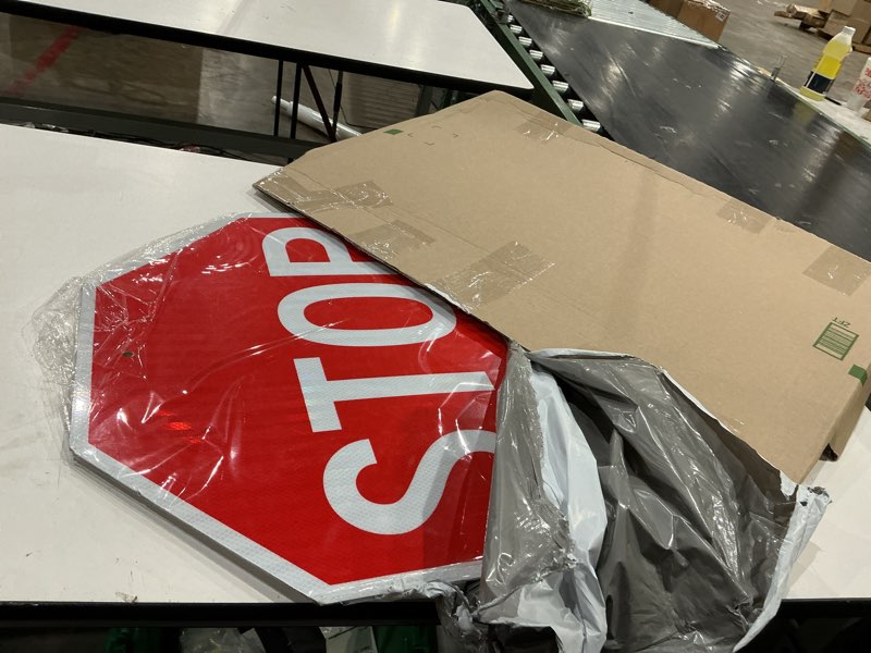 Condition photo showing Good Condition for t&r large stop sign street road sign 24 x 24 inches. engineer grade reflective sheeting, rust free aluminum, weather resistant, waterproof, fade resistant, 2 pre-drilled holes 24" x 24" - 1 pack