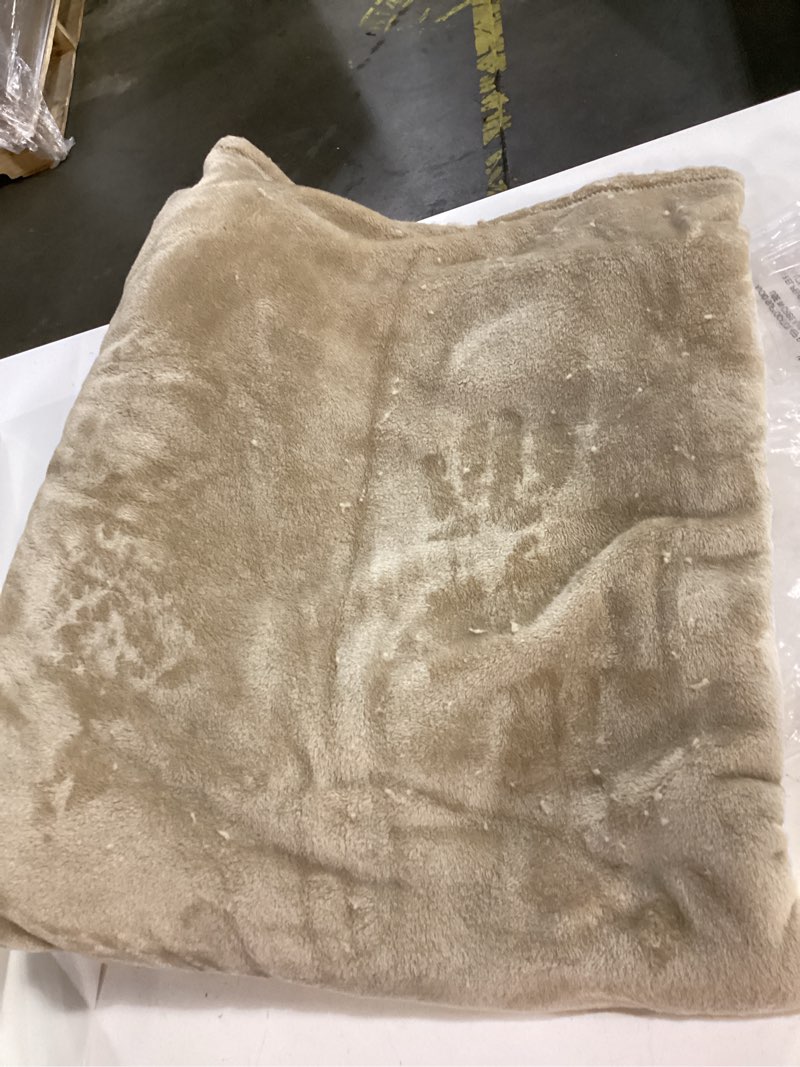Condition photo showing As Is for (size unknown) ultra soft fleece blanket- flannel fleece luxury - lightweight for couch bed chair- thick, warm and breathable - all season anti-static microplush bedding, oxford tan