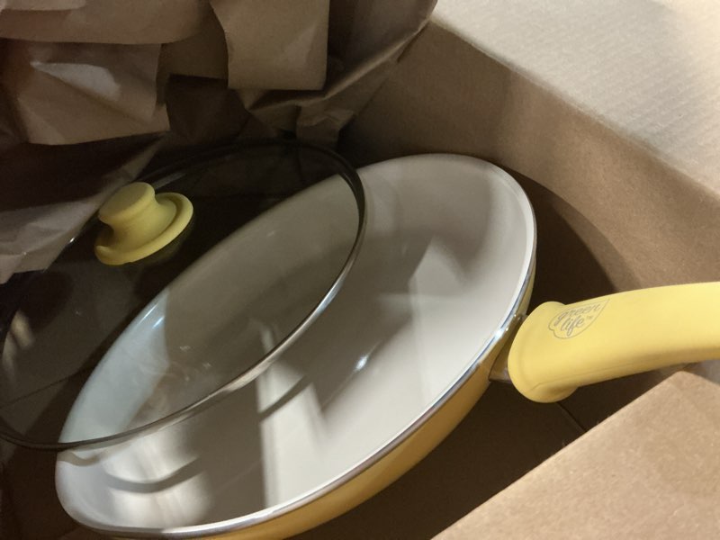 Condition photo showing As Is for greenlife soft grip healthy ceramic nonstick, 12" frying pan skillet with lid, pfas-free, dishwasher safe, yellow 12" frying pan skillet with lid yellow