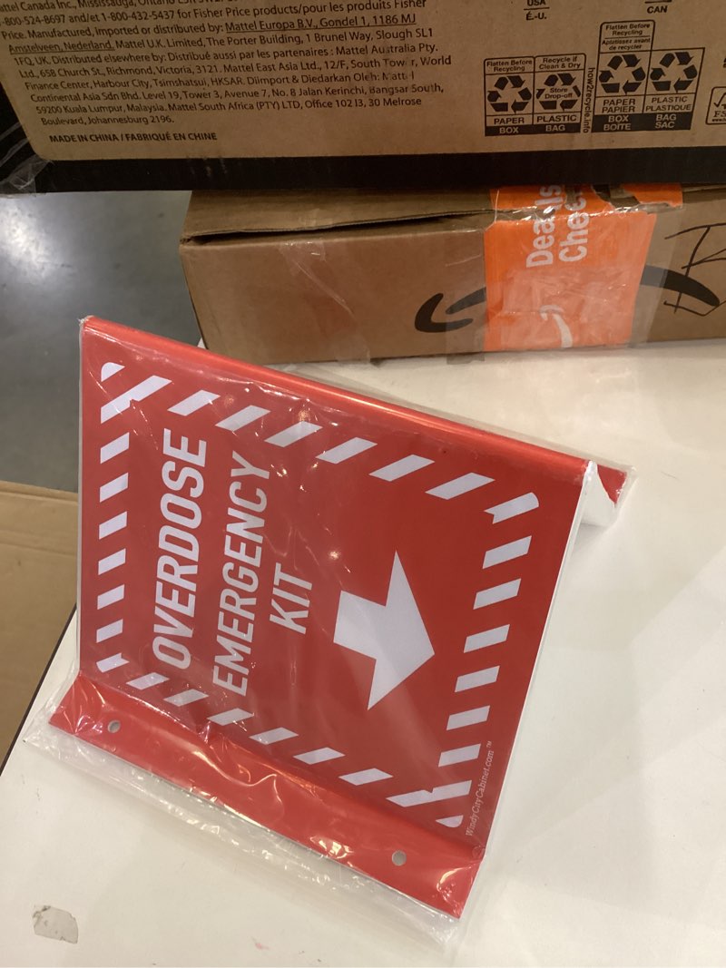 Condition photo showing New/Like New for Overdose Emergency Kit Location Sign - High Visibility '3D' 'Overdose Emergency Kit' Sign with Arrow - Red & White, Mountable - Ideal for Workplaces & Public Spaces