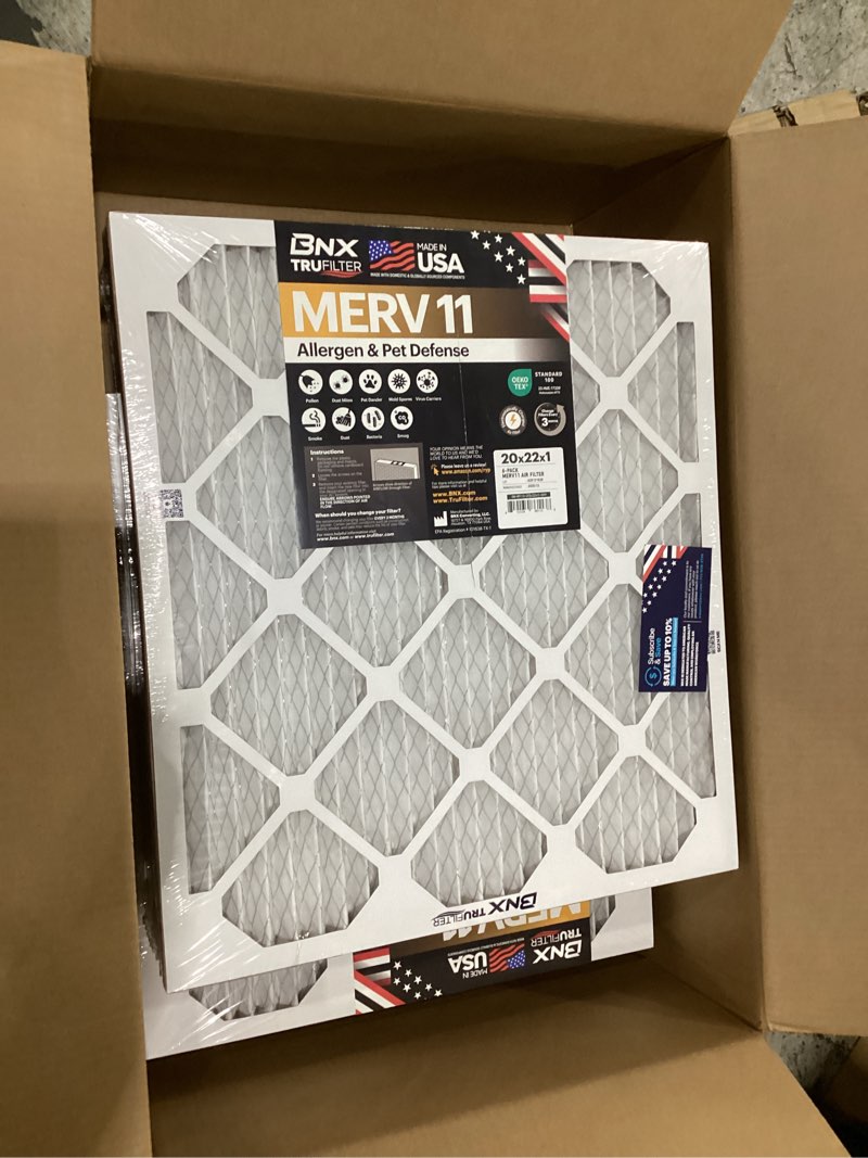 Condition photo showing New/Like New for BNX TruFilter 20x22x1 Air Filter MERV 11 (6-Pack) - MADE IN USA - Allergen Defense Electrostatic Pleated Air Conditioner HVAC AC Furnace Filters for Allergies, Dust, Pet, Smoke, Allergy MPR 1200 FPR 7 MERV 11 20x22x1 6-Pack