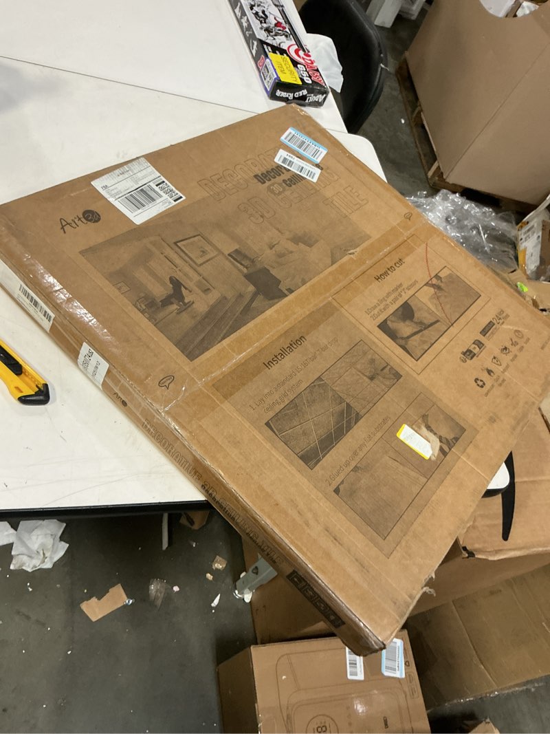 Condition photo showing As Is for Art3d 24-Pack Drop Ceiling Tiles 2x2 FT, PVC 3D Textured Panels for Interior Wall Decor Living Room Bedroom Office, 24x24 Inch, White 24"x24" White 24