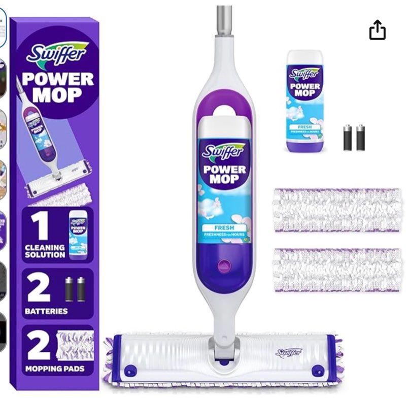 swiffer powermop mopping kit for floor cleaning, set includes 1 power mop, 2 replacement pads, 1 liquid solution refill, 2 batteries, no bucket needed electric spray cleaner, multi-surface and wood