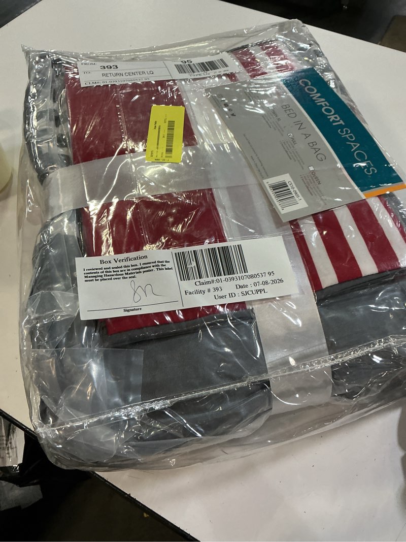 Condition photo showing New/Like New for comfort spaces 9-piece full comforter sets microfiber bed in a bag bedding set with sheets and side pockets  red/gray