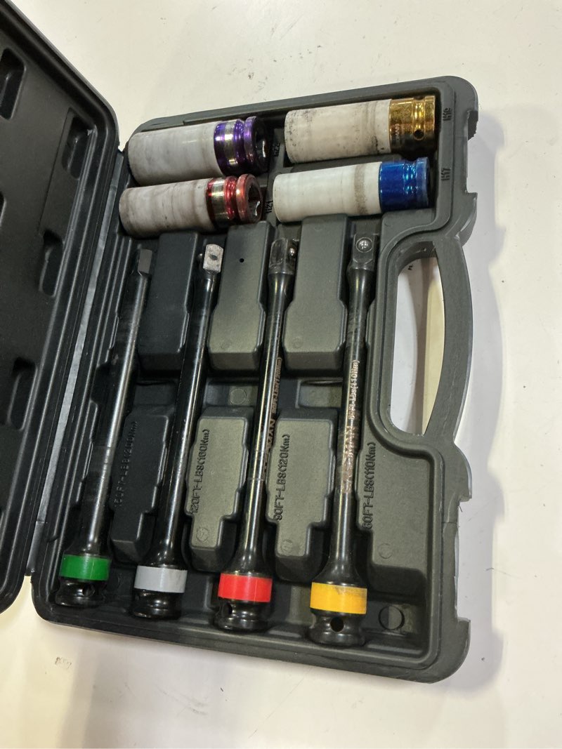 Condition photo showing As Is for MIXPOWER 1/2-inch Drive Wheel Protector Impact Socket& 8 inch Coded Torque Limiting Socket Extension Bar 8pcs Tire Deep Socket Set, Color-Coded, 80 to 150 Ft-Lbs (110-200 Nm)