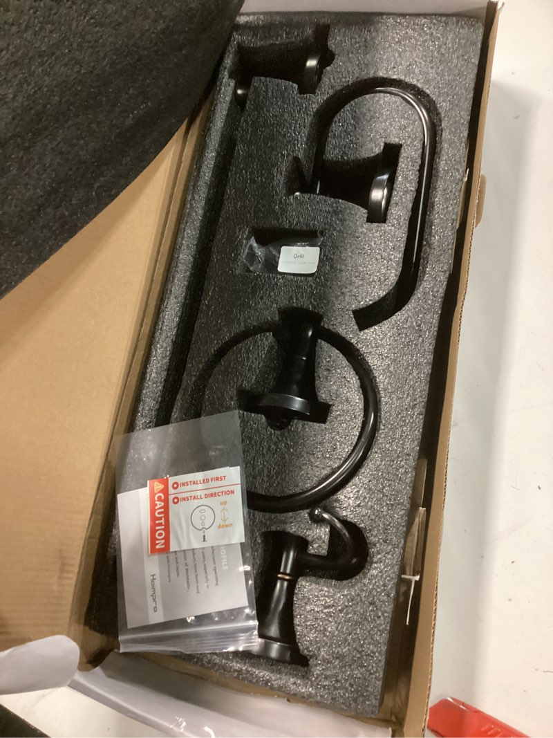 Condition photo showing Good Condition for hoimpro oil rubbed bronze bathroom accessory set, 4-piece wall mount hardware with adjustable towel bar rack, towel ring, paper towel holder, double towel hooks