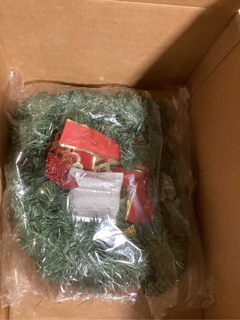 Condition photo showing New/Like New for FR Artificial Pre-Lit Fir Christmas Wreath Holiday Accent Decoration, Wintry Pine, Decorated with Pine Cones Berry Clusters, with LED Lights Battery Operated for Door, Mantel - 20 Inch