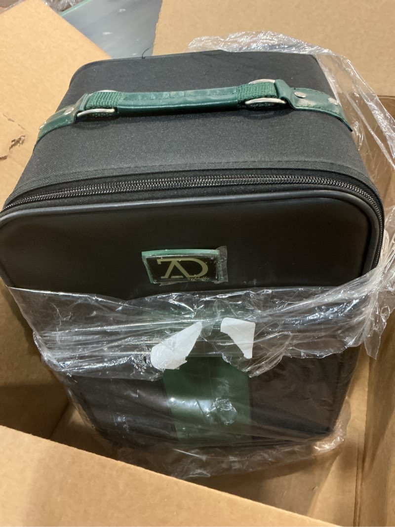 Condition photo showing Good Condition for Small Wig Travel Box with Top Handle, Shoulder Strap & Double Zipper, Carrying Case with Removable Head-Holding Base - Black & Orange - by Adolfo Design Small Black and Green