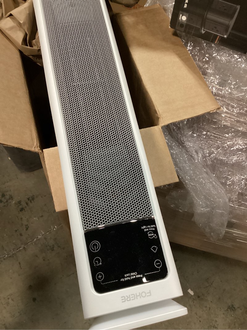 Condition photo showing As Is for FOHERE Oscillating Tower Fan and Space Heater in One for Indoor Use, All Season High-Velocity Fan and Heater Combo Safety with Overheat Protection, Timer, Installation Free, 1500W, 37.9 Inches, White