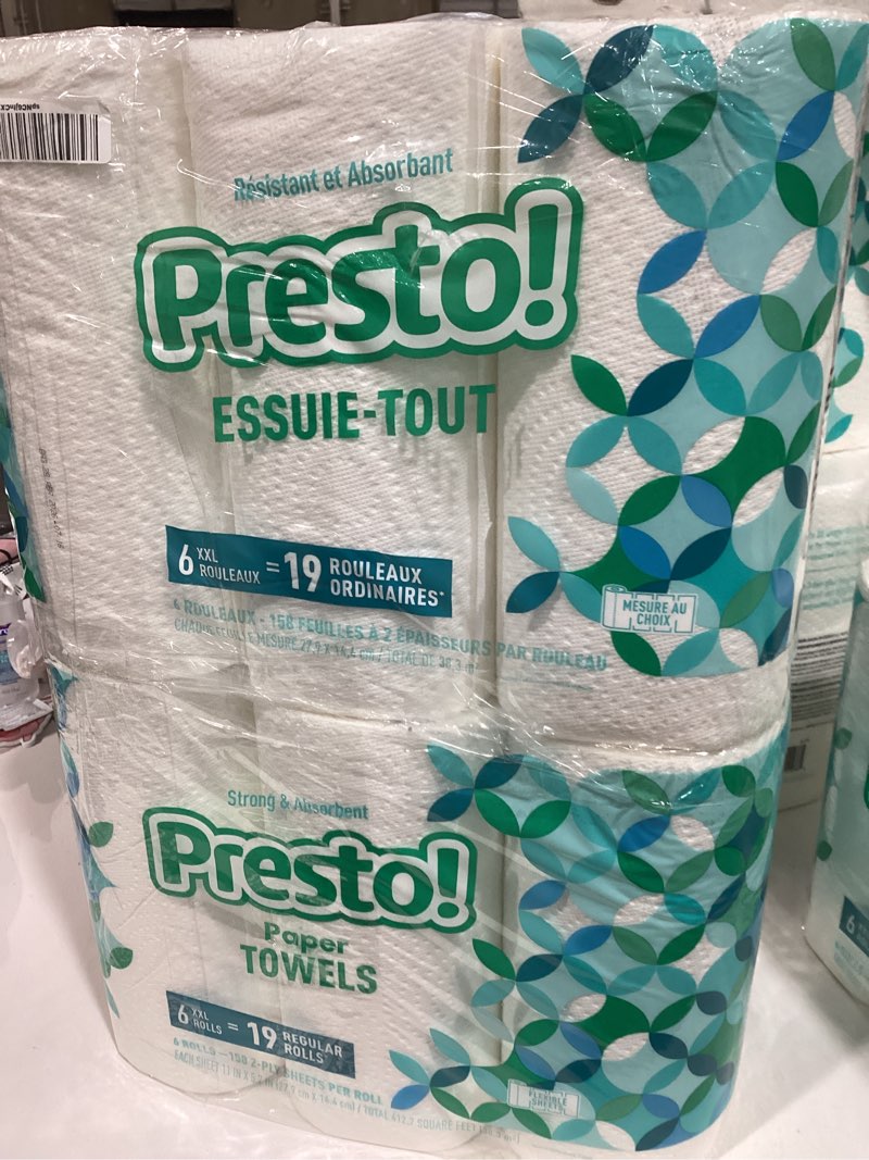 Condition photo showing New/Like New for amazon brand - presto! flex-a-size paper towels, 158 sheet huge roll, 12 rolls (2 packs of 6), equivalent to 38 regular rolls, white 6 count (pack of 2) white