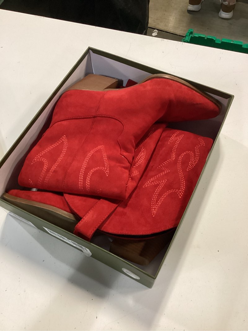 Condition photo showing New/Like New for iiimmu cowgirl boots women knee high boots pointed toe and block heel cowboy suede and faux leather boots with embroidered 8 red