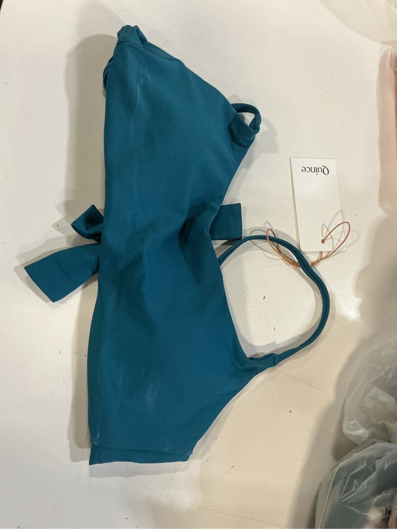 Condition photo showing Good Condition for ( only top) quince italian scoop neck bikini top, s, lagoon teal blue
