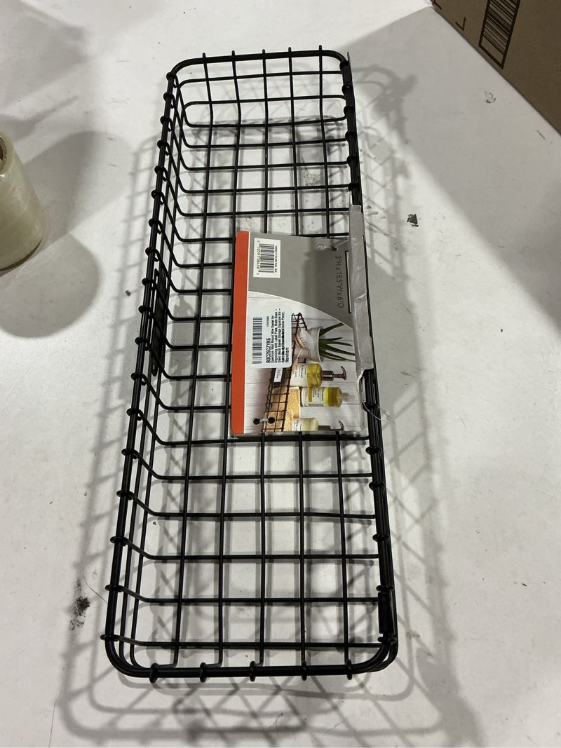 Condition photo showing As Is for Spectrum Wall Mount Wire Basket for Organizing with Label Plate, Matte Black - Steel Metal Basket Storage Organizer Bin - Open Storage Baskets for Kitchen Pantry, Cabinets, & Closet Shelves