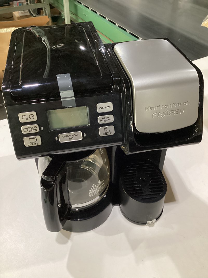 Condition photo showing As Is for (USED, NOT TESTED) Hamilton Beach FlexBrew Trio 2-Way Coffee Maker, Compatible with K-Cup Pods or Grounds, Combo, Single Serve & Full 12c Pot, Black - Fast Brewing (49902)