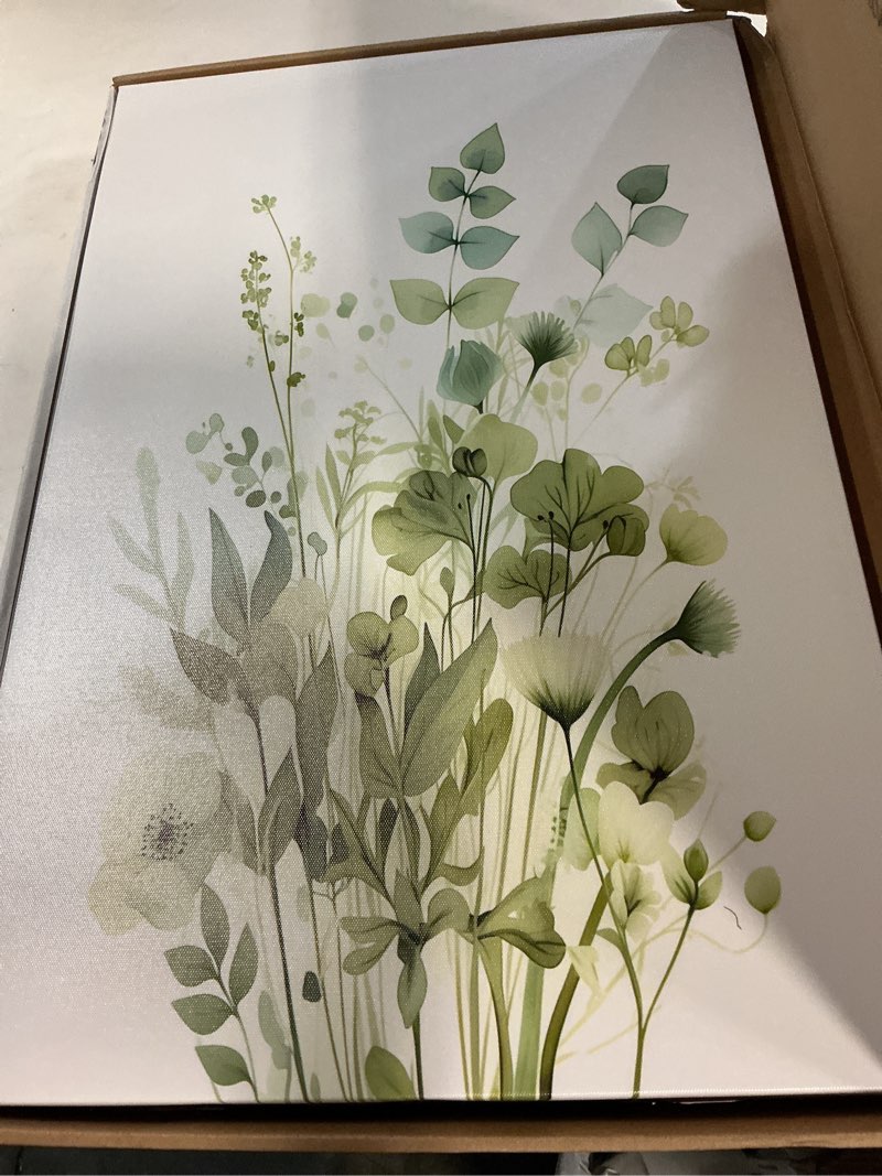 Condition photo showing New/Like New for Boho Floral Canvas Wall Art Set of 3, Sage Green Wildflower Botanical Wall Decor Painting, Minimalist Watercolor Flowers Posters Prints for Bedroom Bathroom Living Room 16x24 In Framed 16''x 24'' x 3 Pieces Green Flower Art