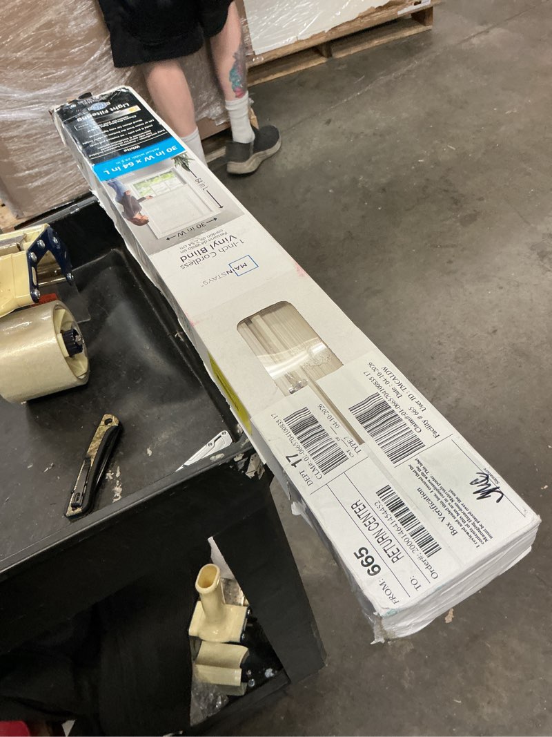 Condition photo showing As Is for mainstays 1" cordless vinyl light filtering blinds, 1-piece, white, 30" w x 64" l