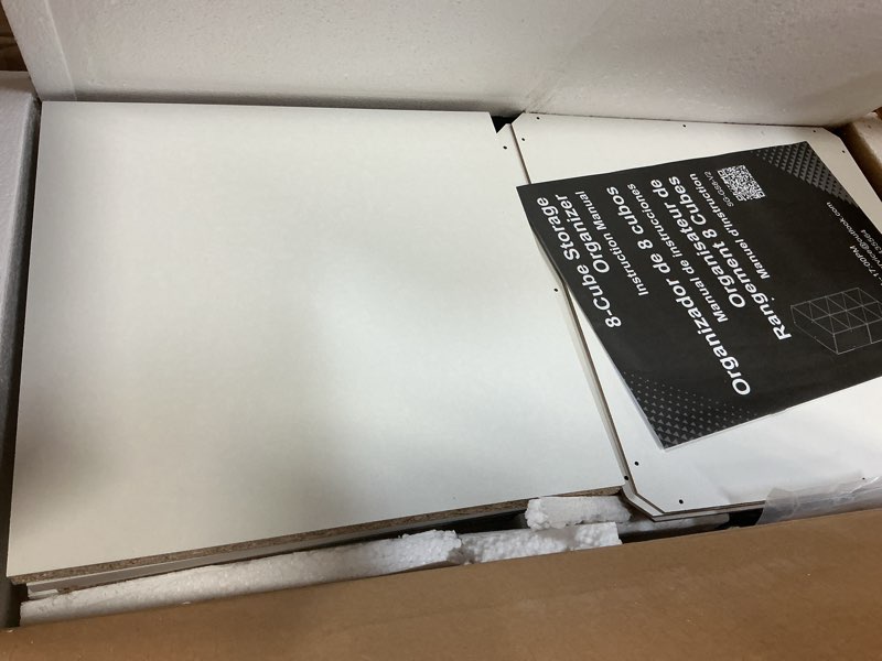 Condition photo showing As Is for 8-Cube Storage Organizer, White Bookshelf with Open Compartments for Home Office, Modern Bookcase Di