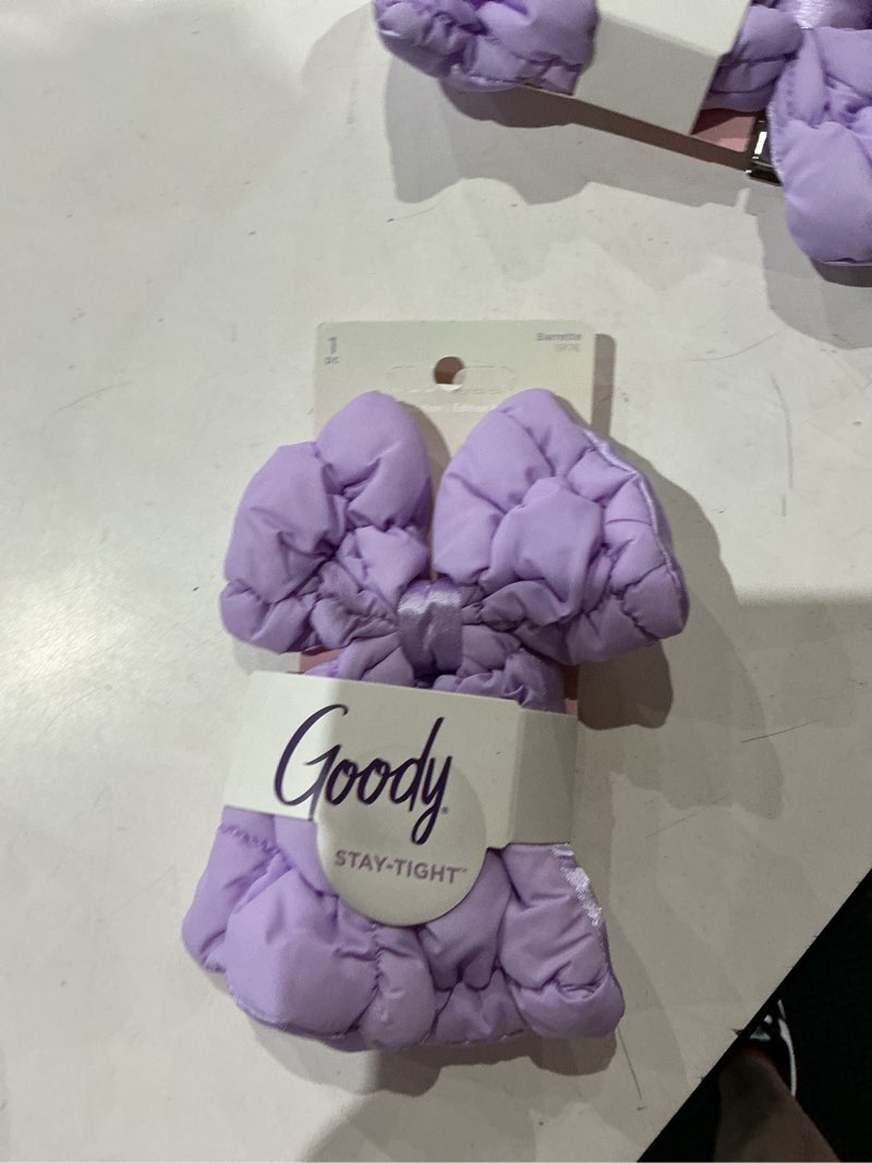 Condition photo showing Good Condition for goody luxe puffer bow barrette, purple stay-tight hair clip, 1 count