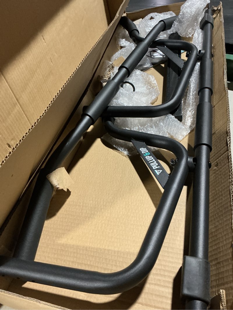 Condition photo showing As Is for jackal door pullup bar and dip bar station - removable dip bars, rigid no wobble, easy folding storage, no screws, dip station and pull-up bar for doorway, collapsible dip station, no door damage, high weight capacity, foldable bodyweight workout station