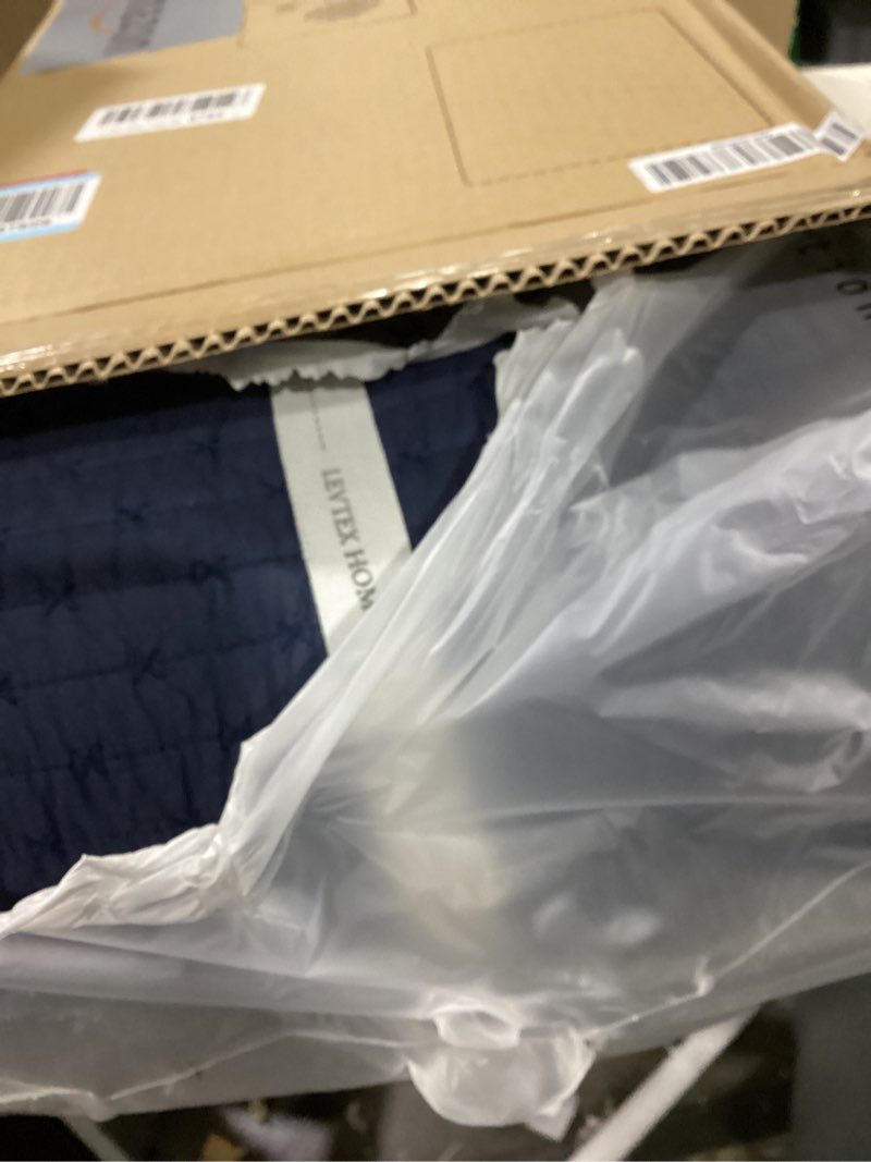 Condition photo showing As Is for levtex home cross stitch reversible full/queen quilt set (88x92in) with 2 pillow shams (26x20in) - stitch texture - navy - cotton full/queen size quilt bedding set - lightweight, soft, pre-washed quilt - full/queen navy blue
