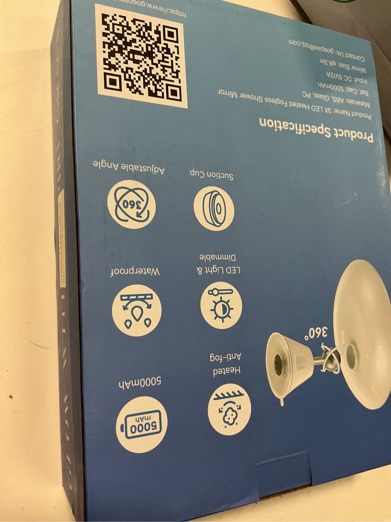Condition photo showing New/Like New for gospire 3x magnifying heated shower mirror fogless for shaving, 5000mah battery, 360° swivel & magnetic design, 8.3” anti-fog shower shaving mirror with 3 color lights, includes 2pcs adhesive hooks white