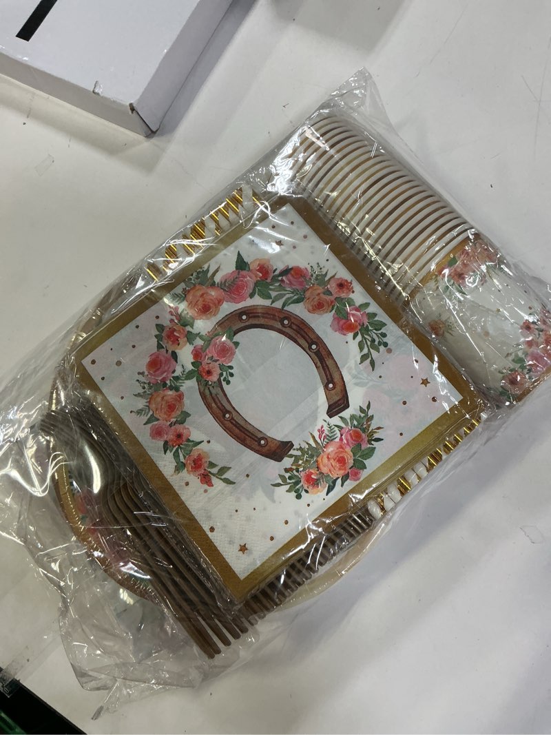 Condition photo showing New/Like New for Cowgirl Birthday Party Decorations Tableware Set, Horse Party Supplies Includes Plates, Napkins, Cups, Banner, Hanging Swirl, Tablecloth, Cake Topper, for Girl Birthday Decorations, Serve 24