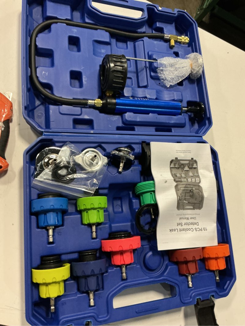 Condition photo showing Good Condition for orion motor tech coolant pressure tester kit, 19pc radiator pressure tester kit with 15 radiator adapters & wrench, cooling system pressure tester kit with vacuum pump & probe thermometer blue