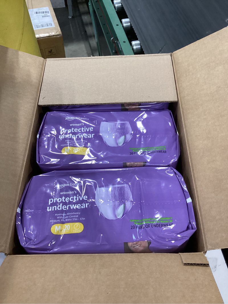 Condition photo showing New/Like New for amazon basics incontinence underwear for women, protective, disposable, postpartum, maximum absorbency, medium, lavender, 60 count (3 packs of 20) medium 60.0