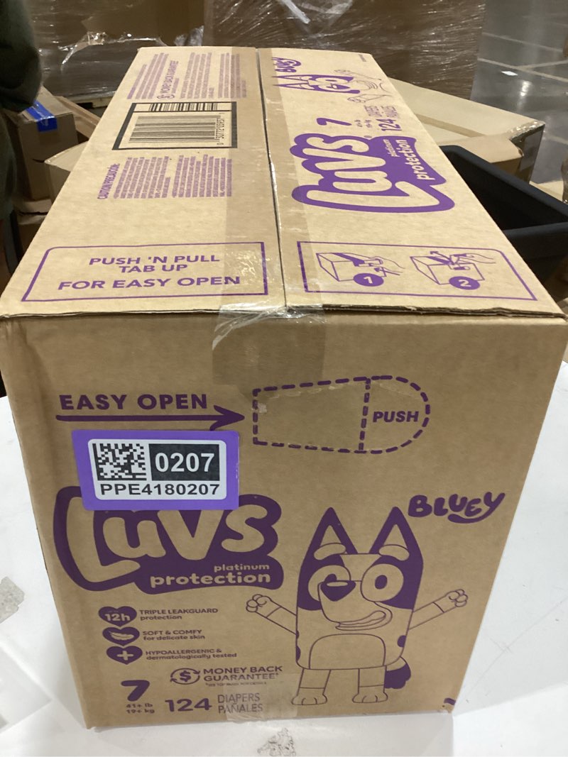 Condition photo showing New/Like New for luvs size 7 baby diapers, platinum protection bluey diapers for day & night, size 7, 124 count (packaging may vary) size 7 124