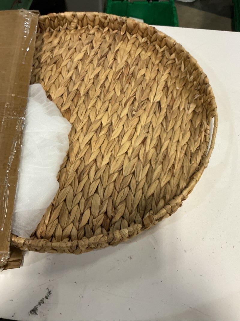 Condition photo showing Good Condition for gurfuy extra large round ottoman table tray with handles - handmade 24" water hyacinth wicker serving tray for farmhouse decorative oversized coffee table trays living room kitchen counter breakfast 24" round-water hyacinth-flat