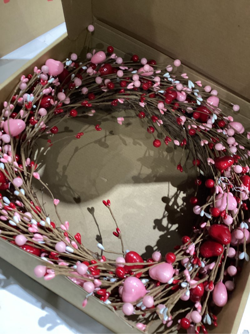 Condition photo showing Good Condition for J'FLORU Valentine’s Day Wreaths for Front Door 20 Inch Valentines Day Wreath Valentines Wreath with Cute Hearts and Berries Valentine’s Day Gifts Anniversary Wedding Decorations (Red/Pink)