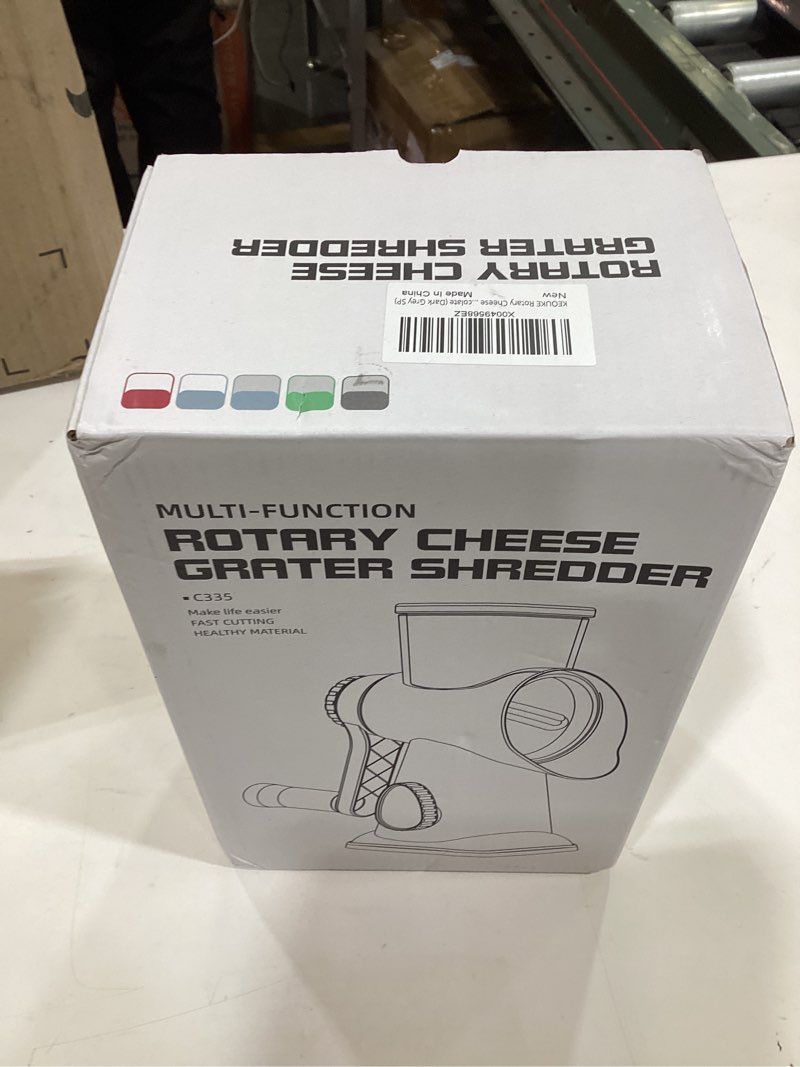 Condition photo showing New/Like New for KEOUKE Rotary Cheese Grater Hand Crank Transparent - Shredder Slicer Grinder 3 Stainless Steel Blades, Stable Suction, Labor-Saving Handle, Safe Kitchen Tool for Cheese, Vegetable, Nuts, Chocolate Dark Grey SP