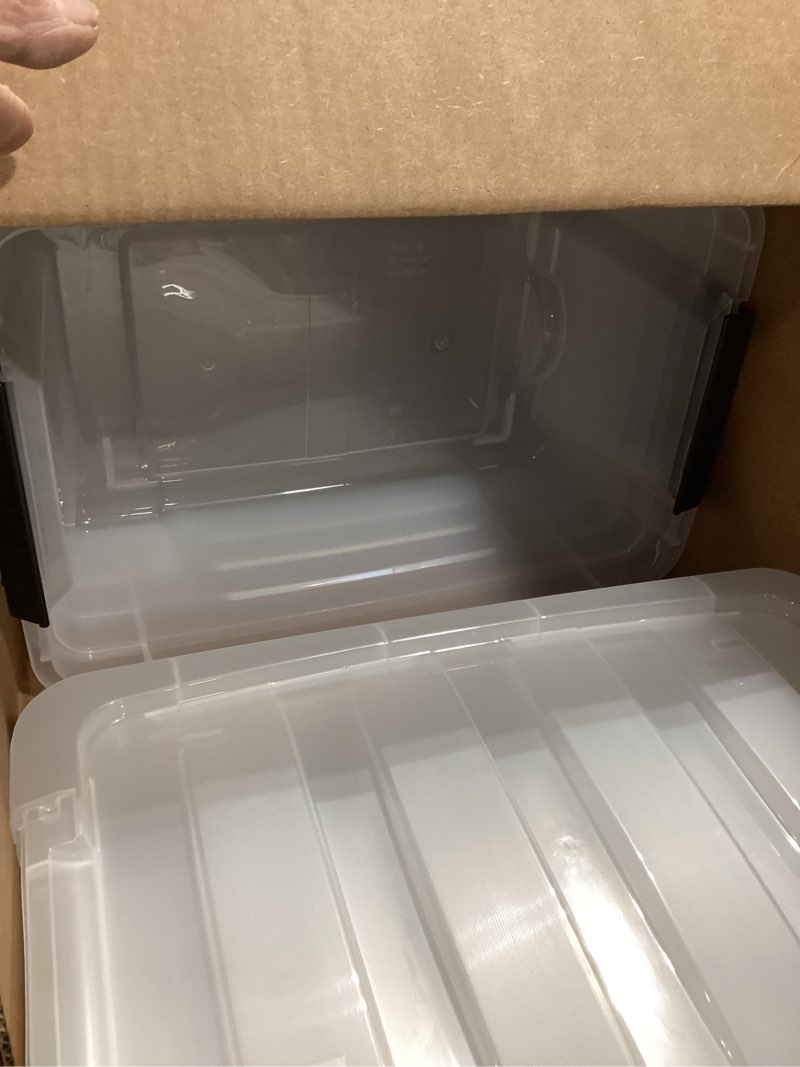 Condition photo showing As Is for IRIS USA 13 QT Plastic Storage Box with Lid and Latches - 6 Pack - BPA-Free, See-Through Organizing Solution, Durable Nestable Stackable Containers, Secure Pull Handle - Clear Clear 13 Qt 6 Pack