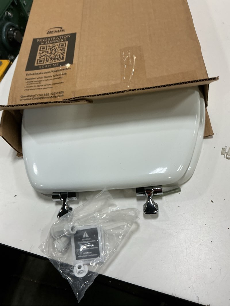 Condition photo showing As Is for mayfair edgewater - elongated enameled wood toilet seat in white with sta-tite  seat fastening system  and chrome hinge