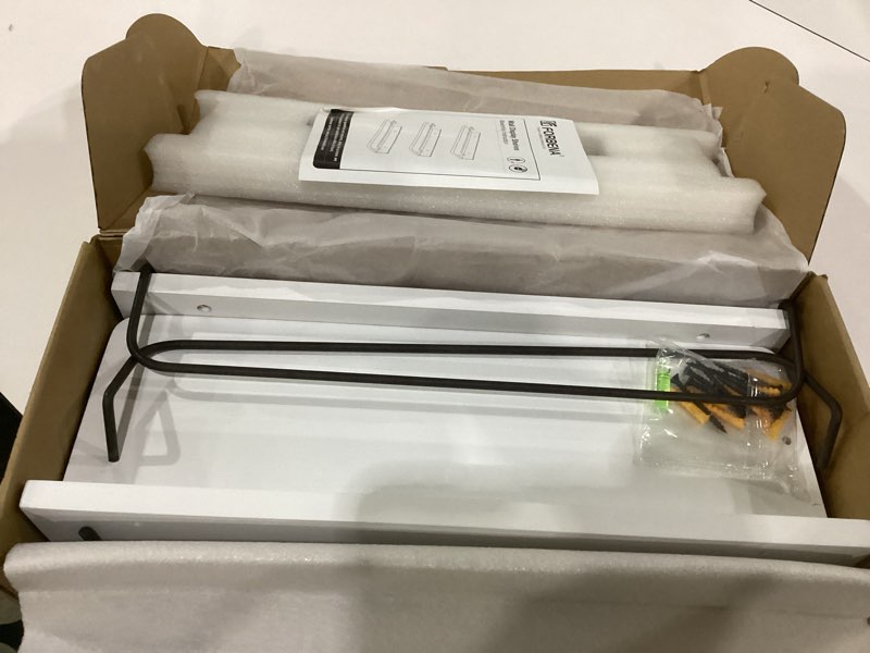 Condition photo showing As Is for forbena white floating shelves bathroom shelves over toilet set of 3, bathroom organizers and storage shelves wall mounted, modern wood corner wall shelf for bedroom closet -white and dark grey 17 inch white and grey