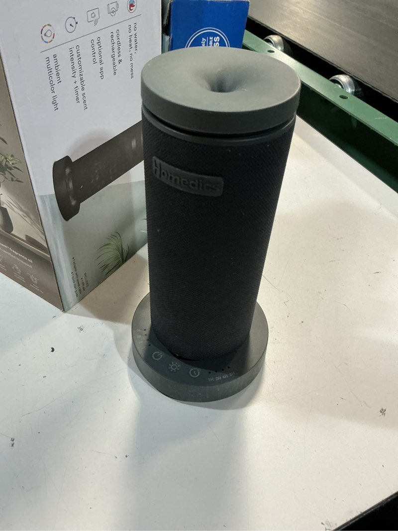 Condition photo showing As Is for homedics serenescent mini fabric rechargeable waterless diffuser, cordless aromatherapy device, use with serenescent oil 15ml (sold separately), adjustable mist intensity & ambient light, charcoal