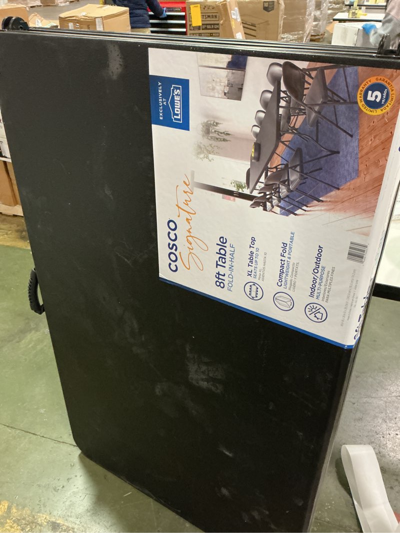 Condition photo showing As Is for Cosco 2.6-ft x 8-ft Indoor or outdoor Rectangle Resin Black Folding banquet table 8 -Person