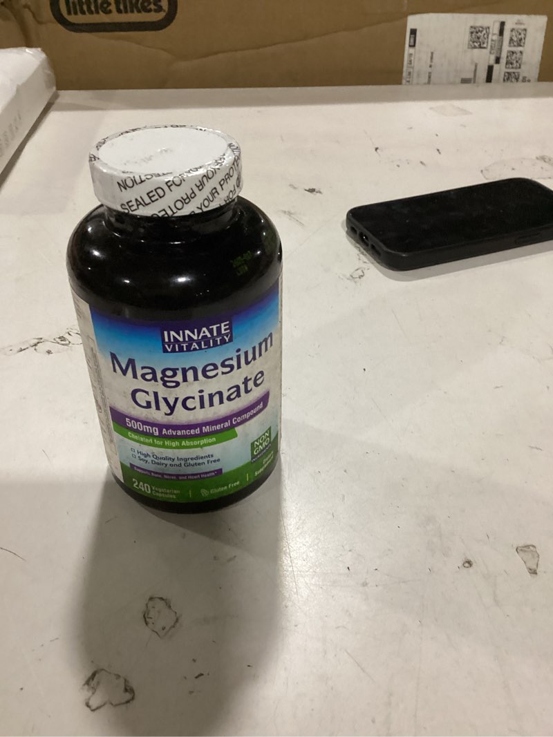 Condition photo showing New/Like New for innate vitality magnesium glycinate 500mg | 70mg elemental magnesium supplement - high absorption, non buffered, non-gmo & no gluten - vegan - nerve health - 240 capsules (pack of 1) 240 count (pack of 1)