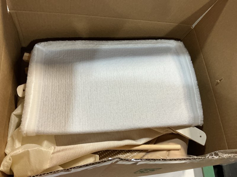 Condition photo showing As Is for cat houses for indoor cats - 4 seasons cat bed cave with natural sisal cat scratcher mat, solid wood frame cat house with curtains and cat floor scratching pad rug, protect couch and carpets, m sharp roof (m) - 19.7*15.7*15.7''