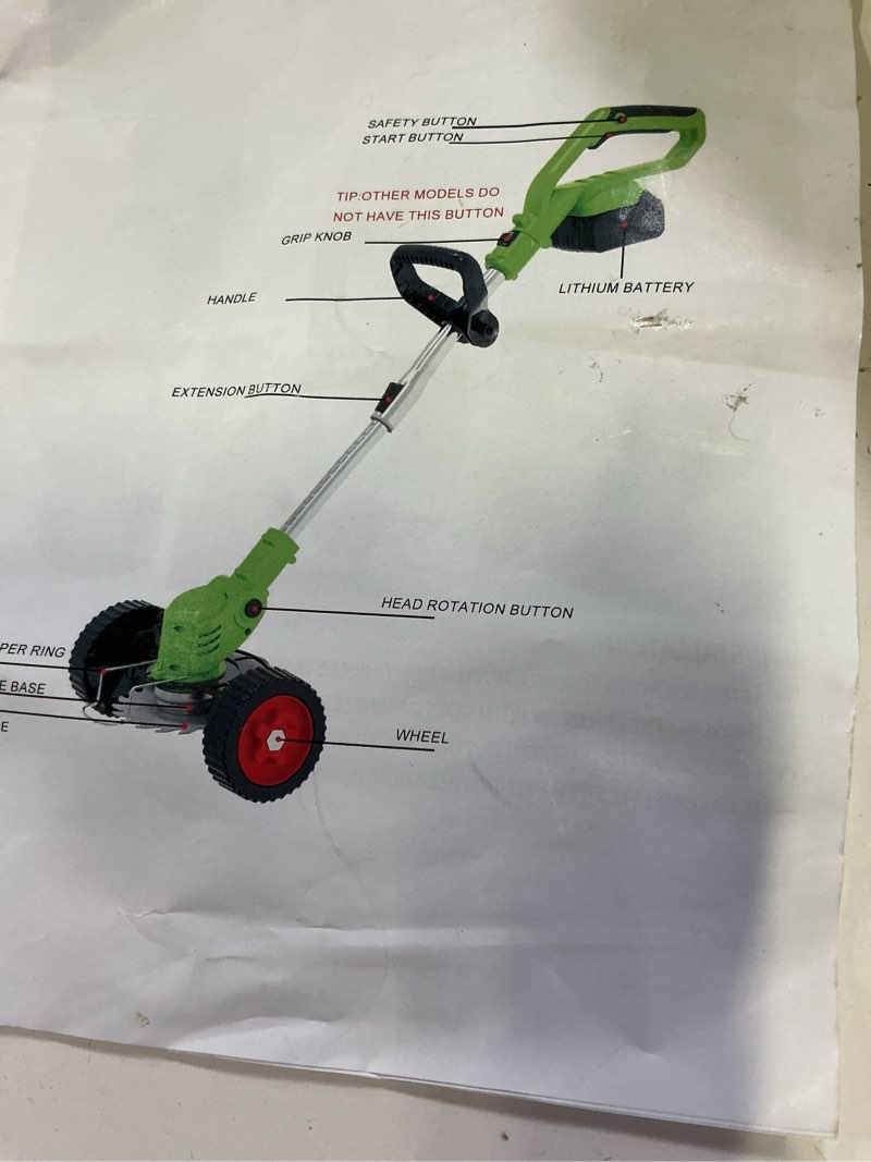 Condition photo showing As Is for electric weed wacker eater battery powered, 21v cordless weed trimmer with 5types blades & 2 battery & charger, lightweight stringless grass trimmer/brush cutter/lawn edger with wheels for yard garden