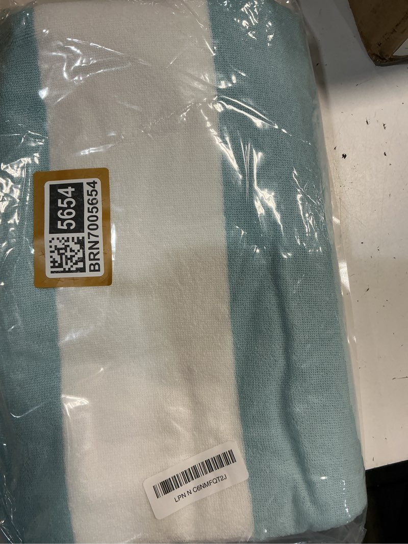 Condition photo showing New/Like New for clowood plush oversized beach towel - cotton 40 x 70 inch large thick aqua striped cabana pool swimming towel