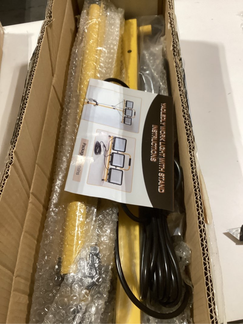Condition photo showing New/Like New for 225W 22500 Lumen Work Lights with Stand, Three Head LED Work Light with Individual Switch, 15FT Power Cord, IP66 Waterproof, Adjustable Metal Telescoping Tripod for Indoor and Outdoor 3 Adjustable Head