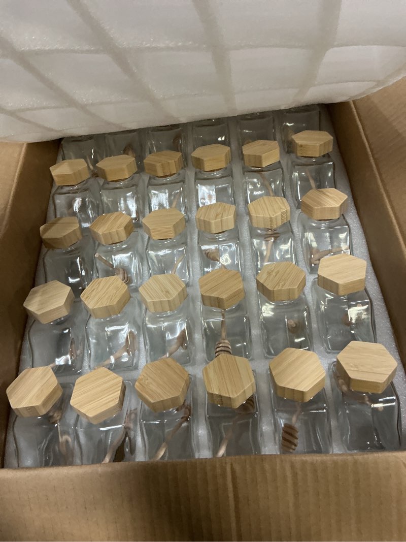 Condition photo showing New/Like New for Sunnyray 8 Pcs 220 ml Glass Honey Jars with Dipper Hexagonal Clear Glass Dispenser Small Honey Containers Bottle with Wooden Dipper and Cork Lid for Home Storage Kitchen