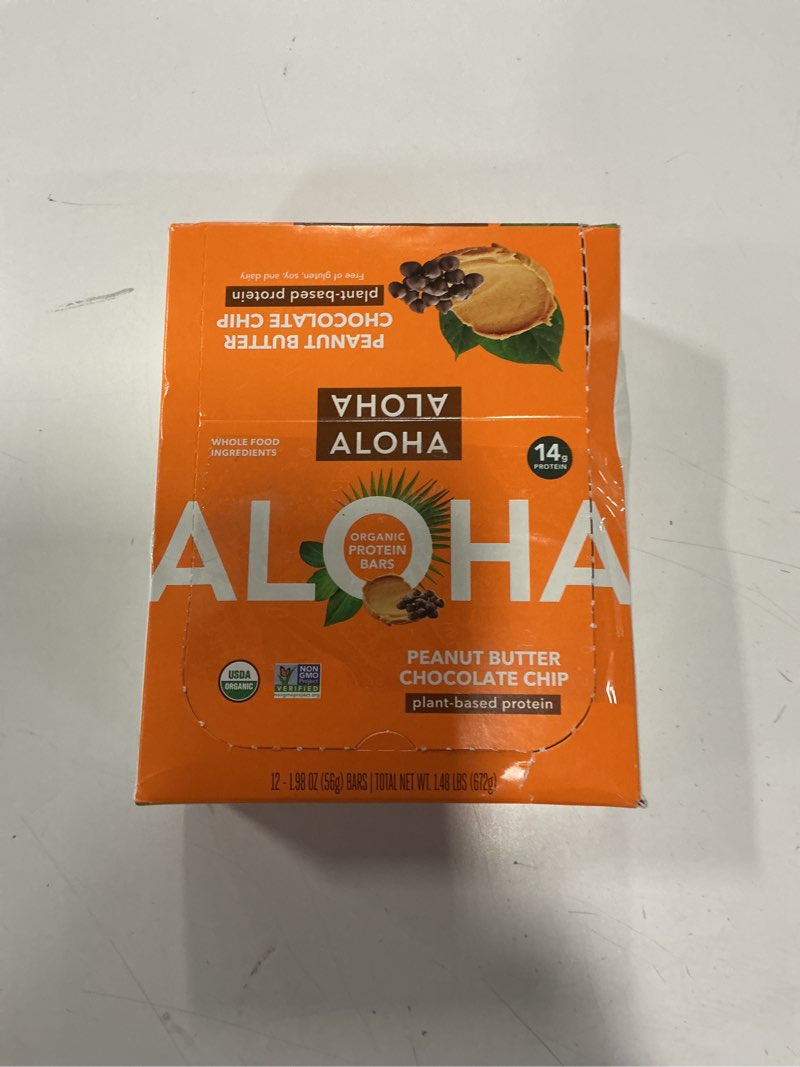 Condition photo showing New/Like New for ALOHA Organic Plant Based Protein Bars |Peanut Butter Chocolate Chip | 1.98 Oz (Pack of 12) | Vegan, Low Sugar, Gluten Free, Paleo, Low Carb, Non-GMO, Stevia Free, Soy Free, No Sugar Alcohols( BB: 28/Nov/2026)